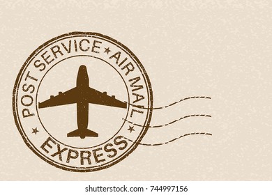 Post service EXPRESS postmark with airplane sign. Vector illustration on beige background