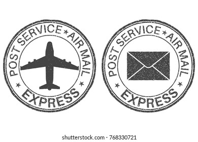 Post service EXPRESS postmarks with airplane and envelope signs. Vector illustration isolated on white background