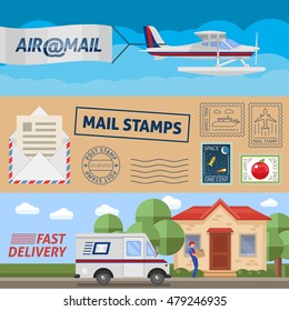 Post service horizontal banners set with air transportation mail stamps and fast delivery isolated vector illustration