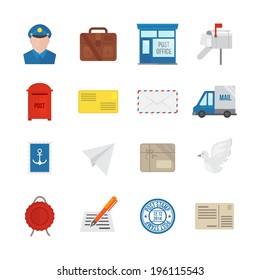 Post service icon flat set with delivery courier envelope and parcel packages isolated vector illustration