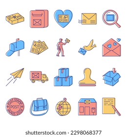 Fijar el icono de servicio en el estilo de línea. Símbolos de entrega de correo, cartas y paquetes. Ilustración vectorial.