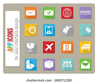 post service icons set in flat design with long shadow