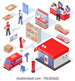 Post service isometric set with postman  recipient forwarding agent figurines racks with parcels and correspondence isolated vector illustration