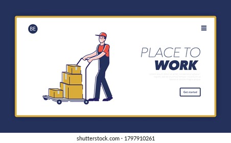 Post service landing page with delivery man carry parcel boxes on trolley. Courier shipping mail. Cartoon postman in uniform loading post. Shipment and deliver concept. Linear vector illustration
