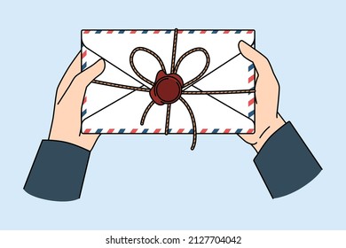 Post service and letter concept. Postman hands holding letter for person with official post stamp in envelope vector illustration - Powered by Shutterstock - Get 15% off with code: PIKWIZARD15