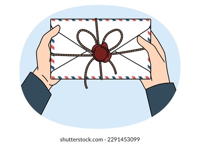 Post service and letter concept. Postman hands holding letter for person with official post stamp in envelope vector illustration - Powered by Shutterstock - Get 15% off with code: PIKWIZARD15