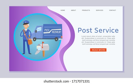 Post service letters and parcels delivery web template with postal car, postman cartoon vector illustration. Post office service webpage or landing.