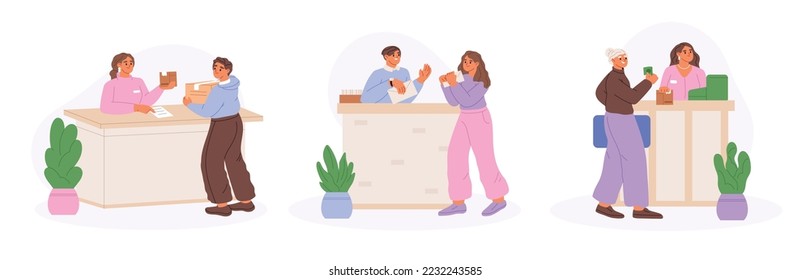 Post service, mailing and delivery set. People at postal office with post workers sending and receiving mail and parcels. Cartoon flat vector illustration