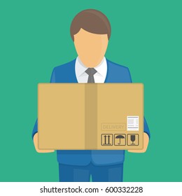 Post service and online delivery concept. Transport and packaging vector illustration in modern flat style. Man in business suit  with a cardboard box in his hands isolated on green background. EPS 10