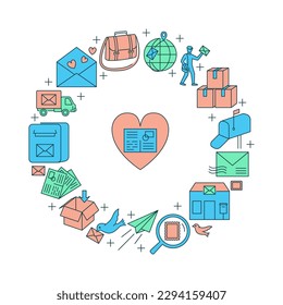 Post service round banner in colored line style. Mail delivery symbols. Vector illustration.