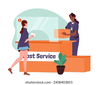 Escena de servicio postal. Correo y ocupación postal. La mujer da una caja al cliente. Cliente enviando paquete. Correspondencia internacional. Dibujo vectorial plano de dibujos animados aislado en fondo blanco