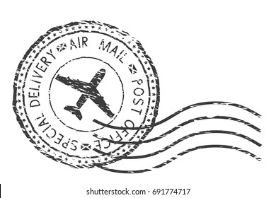 Post Service, Special Delivery Air Mail Black Postmark With Plane Sign. Vector Illustration Isolated On White Background