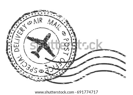 Post service, special delivery air mail black postmark with plane sign. Vector illustration isolated on white background