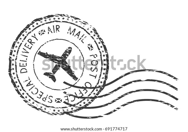 郵便配達便 航空便の特別便の黒い消印と飛行機の標識 白い背景にベクターイラスト のベクター画像素材 ロイヤリティフリー