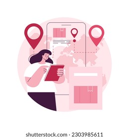 Ilustración del vector de concepto abstracto de seguimiento de servicios postales. Monitor de paquetes, seguimiento y seguimiento de su envío, número de seguimiento de paquetes, entrega rápida, compras en línea, metáfora abstracta de buzón de correo.