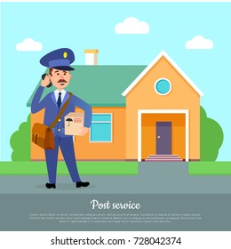 Post service web banner. Courier delivers package to addressee. World delivery banner with postman. Mailman in suit with telephone holding box stands near cottage house. Vector in cartoon style