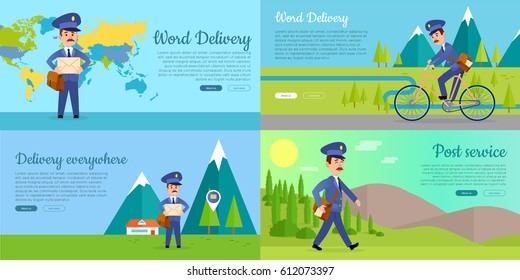 Post service web banners set. Cartoon mailman standing, walking, driving bicycle on world map, mountain landscape background flat vector illustrations. Horizontal concept for mail company landing page