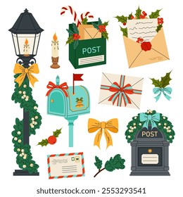 Post. Set festive decorations. Street lamp, different mailboxes, letters. Flat illustration for cards, backgrounds, patterns, posters, invitations.	
