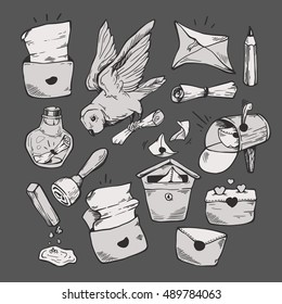 Post set. Postal vector elements. Envelope, letter, postbox, message in a bottle, owl with letter, wax seals. Hand drawn elements.