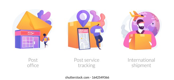 Post shipment system, online tracking app, letters and parcels delivery. Post office, post service tracking, international shipment metaphors. Vector isolated concept metaphor illustrations.