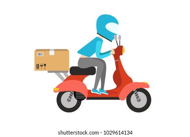 Post shipping concept. Vector illustration of delivery person on scooter with box isolated on white. 