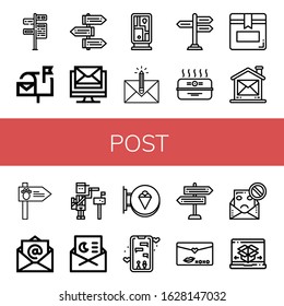 post simple icons set. Contains such icons as Signpost, Mailbox, Email, Guidepost, Envelope, Cardboard box, Box, Mail, Road sign, Paperboy, can be used for web, mobile and logo