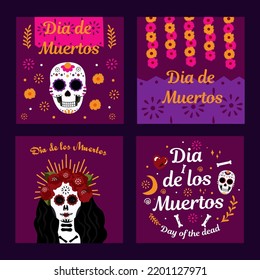 post social media banner of dia de muertos. day of the dead. ornament with that skull and woman skull.