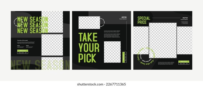 Post social media packages for internet content, fashion, advertising, lifestyle brands, creative business, streetwear. Set of black and blue square instagram sale templates.