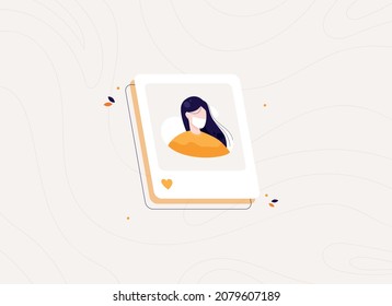 Post in social network. Women's internet blog. Photos with likes and comments. Flat design illustration