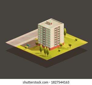 Post soviet tower Block of flats isometric realistic illustration. Polygonal vector building