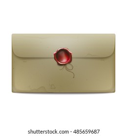 Post stained paper envelope with red wax seal and rope on white background isolated vector illustration