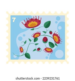 Post stamp with abstract floral pattern cartoon illustration. Beautiful cute postage stamp on nature theme for envelopes. Mail, post office concept