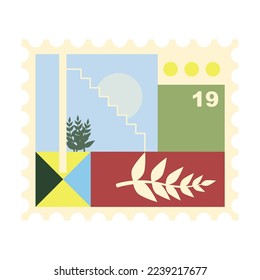 Post stamp with abstract sprigs of plants geometric shapes cartoon illustration. Beautiful cute postage stamp on nature theme for envelopes. Mail, post office concept