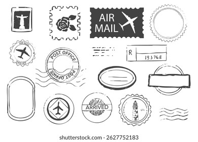 Post stamp air mail postage rubber vintage frame, seal. Line retro textured blank postmark border template. Grunge circle airmail print, design element.