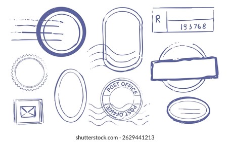 Post stamp air mail postage rubber vintage frame, seal. Line retro textured blank postmark border template. Grunge circle airmail print, design element.