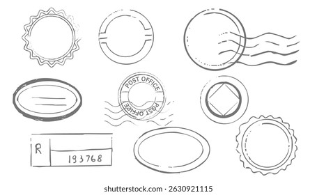Post stamp air mail postage rubber vintage frame, seal. Line retro textured blank postmark border template. Grunge circle airmail print, design element.
