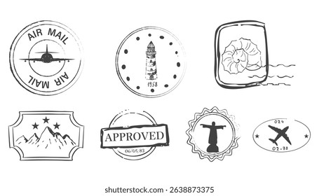 Post stamp air mail postage rubber vintage frame, seal. Line retro textured blank postmark border template. Grunge circle airmail print, design element.