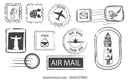 Post stamp air mail postage rubber vintage frame, seal. Line retro textured blank postmark border template. Grunge circle airmail print, design element.