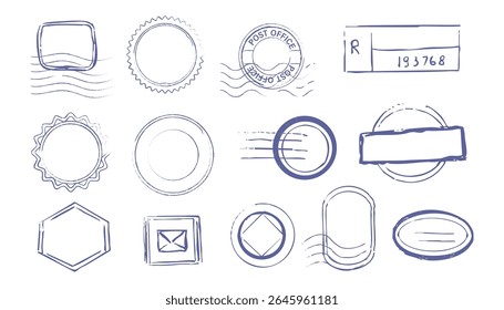 Post stamp air mail postage rubber vintage frame, seal. Line retro textured blank postmark border template. Grunge circle airmail print, design element.