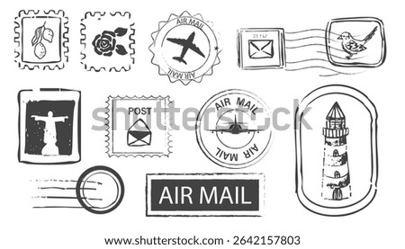 Post stamp air mail postage rubber vintage frame, seal. Line retro textured blank postmark border template. Grunge circle airmail print, design element.