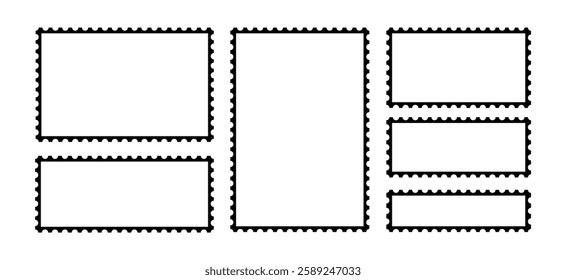 Post stamp border collection featuring classic postal shapes such. Mockup postage stamps. Blank postage stamp borders templates.