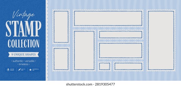Post stamp border collection vector banner with vintage title block and blue palette. Perforated frame shapes form a clean philatelic presentation layout.