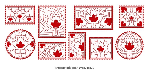 Post Stamp Canada day set. Icon square and round with canadian flag with red maple leaf. Stamp border pack. 1th July National celebration patriotic party. Vector illustration