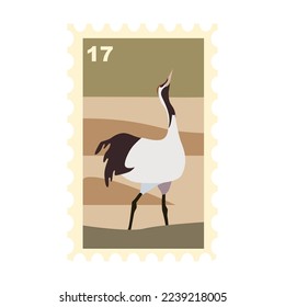 Estampilla posteada con cigüeña Crane cantando una ilustración de la canción de primavera. Hermoso timbre postal lindo sobre el tema de la naturaleza para sobres. Correo, concepto de oficina de correos