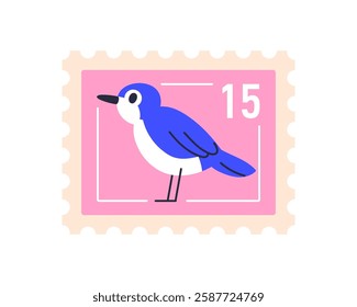 Post stamp design with bird. Postal mark, mail card with fauna, exotic animal. Philately souvenir, adhesive postage in modern style. Flat vector illustration isolated on white background