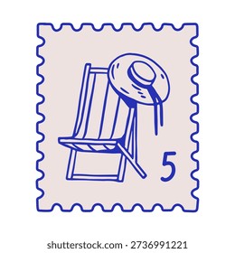 Post stamp design with deck chair, straw hat. Coastal sea resort, summer holiday, beach vacation, postmark. Dolce vita Italian doodle postal mark. Flat vector illustration isolated on white background