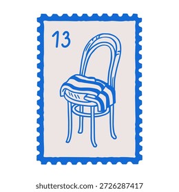 Diseño de sello postal. Doodle dibujo de boceto, muebles de silla en marca postal. Matasellos en estilo Dolce vita. Correo, tarjeta postal en marco perforado. Ilustración vectorial plana aislada sobre fondo blanco