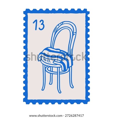 Post stamp design. Doodle sketch drawing, chair furniture on postal mark. Postmark in Dolce vita style. Mail, postage card in perforated frame. Flat vector illustration isolated on white background