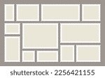 Post stamp. Empty postage stamps set. Postal shapes border. Blank frames for mail letter. Collection paper postmarks isolated on gray background. Vector illustration.