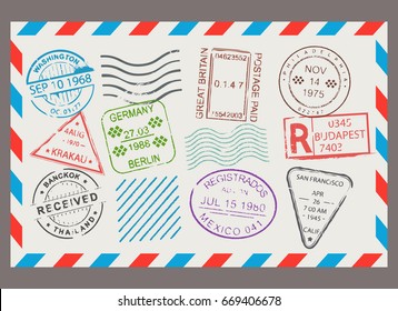 Post stamp flat cartoon set. Letter design, scrapbook border with envelope format, correspondence image. Vector illustration isolated on white background